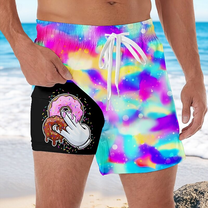 Men's Colorful Donuts Cartoon Hand Print Lined Shorts 2 in 1 Board Shorts Swim Shorts Mid Waist Hawaiian Vacation Side Pockets With Compression Liner Elastic Drawstring Waist Designer Clothing Apparel