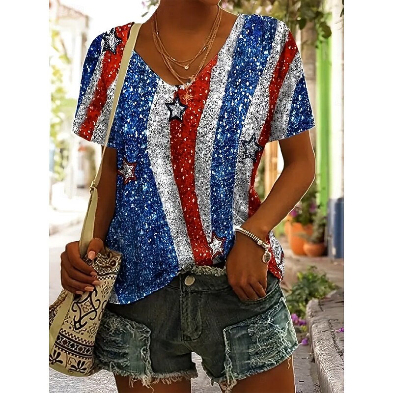 Women's Patriotic  T Shirt Graphic Flag Star Vintage Stylish Classic Short Sleeve Crew Neck Regular Tops Daily Weekend Beach Wear Print Blue Summer Spring