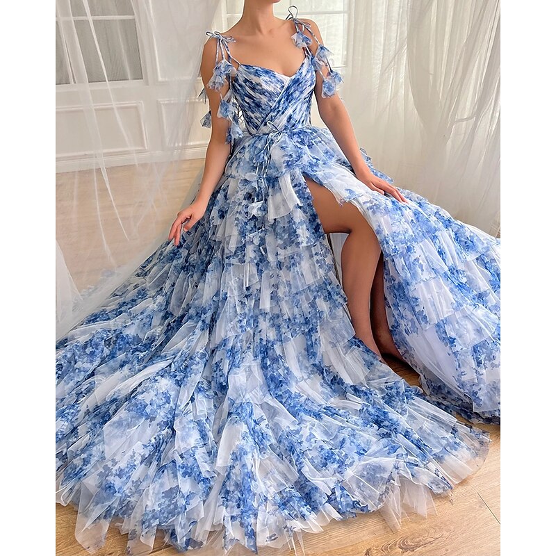 A-Line Prom Tiered Dresses Corsets Dress Semi Formal Wedding Floor Length Sleeveless Sweetheart Dress Organza Floral Print Ruched Details With High Slit Wedding Guest Dress3
