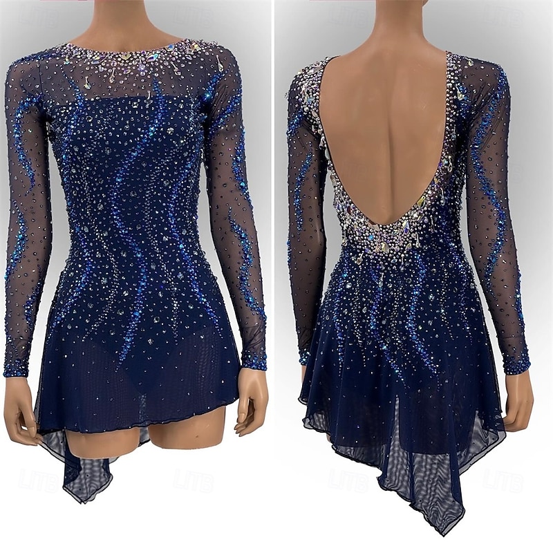 Figure Skating Dress Women's Girls' Ice Skating Dress Navy Thumbhole Open Back Mesh High Elasticity Training Competition Skating Wear Classic Crystal / Rhinestone Long Sleeve Ice Skating Figure