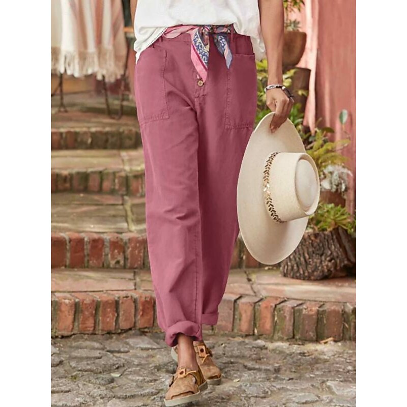 Women's Cotton Linen Baggy Pants Solid Color Chinos Basic Casual Full Length High Waist Medium Waist Plain Pocket Comfort Outdoor Micro-elastic Vacation Street Daily Army Green Grey Black Red4