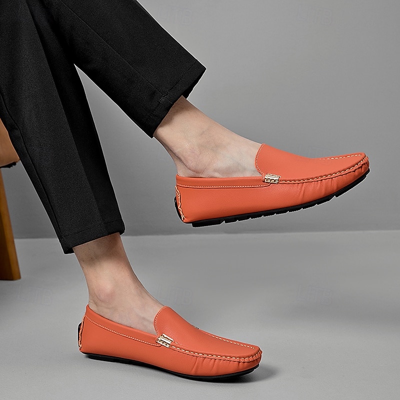 Men's Orange Leather Slip-On Loafers with Gold Zipper Detail, Comfortable Casual Shoes, Perfect for Everyday Wear and Vacation Adventures4