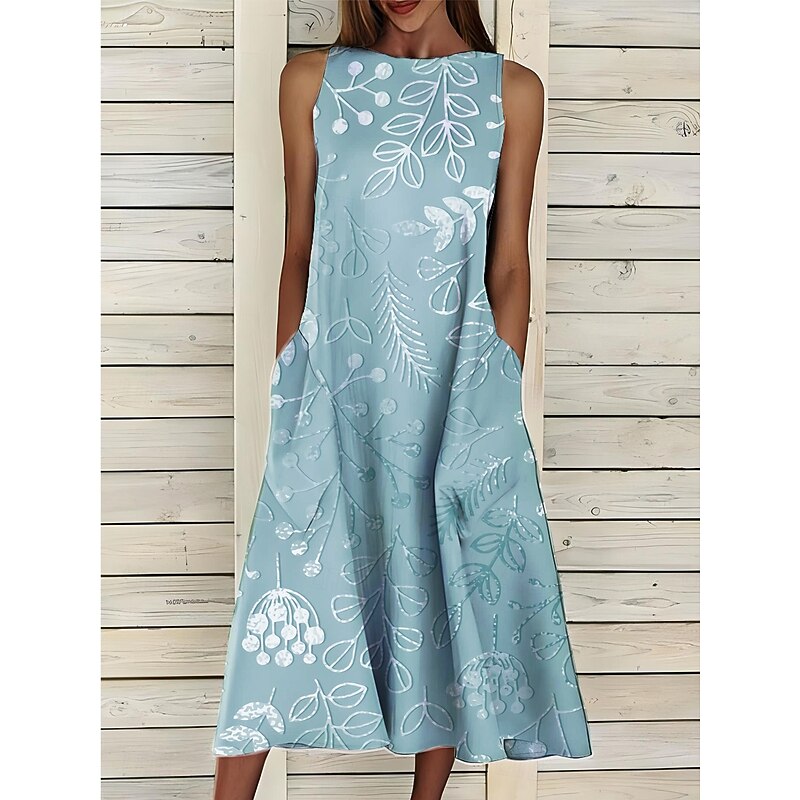 Women's Midi Dress Sundress A Line Dress Summer Dress Vacation Casual Cocktail Birthday Daily Holiday Regular Fit Floral Graphic Sleeveless Crew Neck White Blue Sky Blue Green Summer4