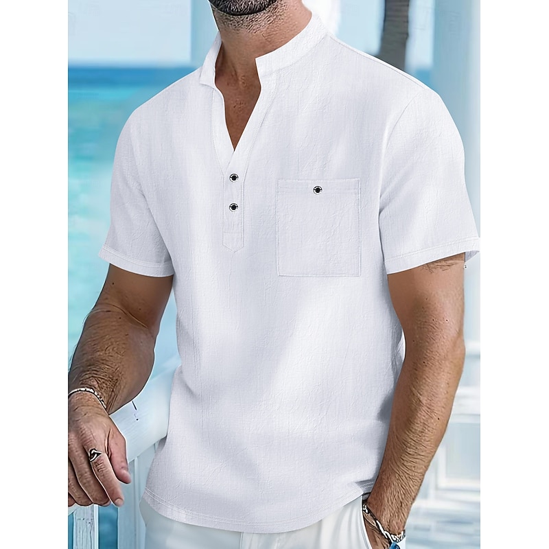 Men's Linen Shirt Popover Shirt Casual Shirt Button Up Shirt Plain Vacation Street White Yellow Pink Apricot Short Sleeve Band Collar Spring & Summer Clothing Apparel Pocket - Main Image