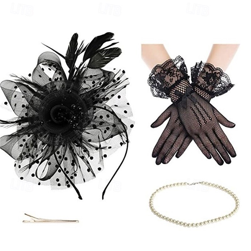1950s Vintage Fascinator Hat Faux Feather Mesh Net Cocktail Tea Party Headwear ,Necklace and Women Short Lace Gloves2