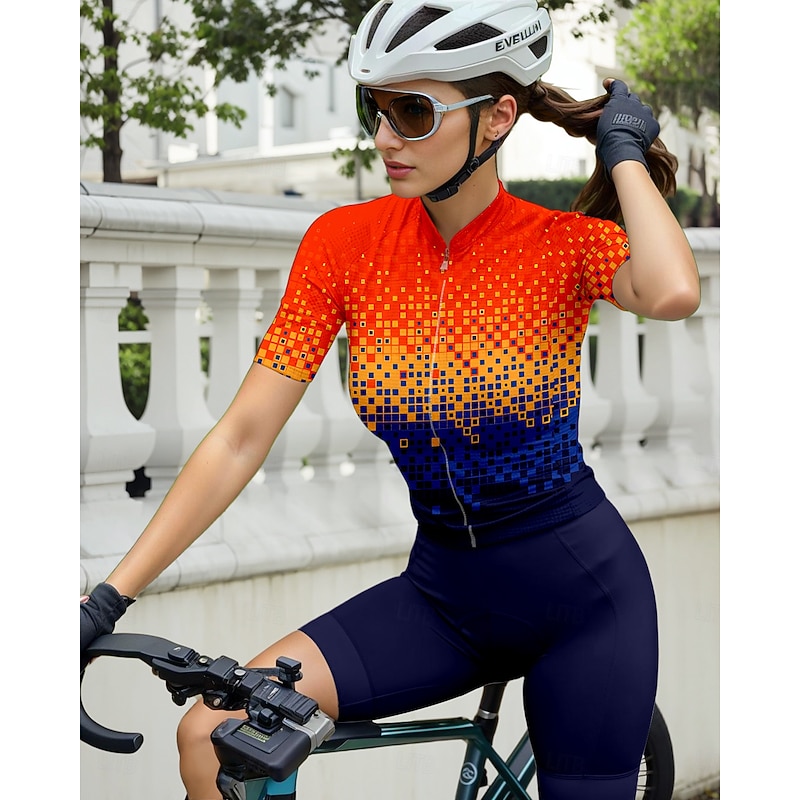 Women's Cycling Jersey Graphic Geometric Gradient Short Sleeve Bike Jersey Top with 3 Rear Pockets Sunscreen UV Resistant Quick Dry Reflective Strips Sports Orange Clothing Apparel