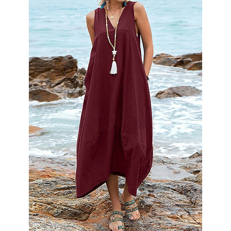 Women's Midi Dress Cotton Linen Dress Basic Casual Vacation Daily Regular Fit Plain Sleeveless V Neck Black Wine Khaki Summer4