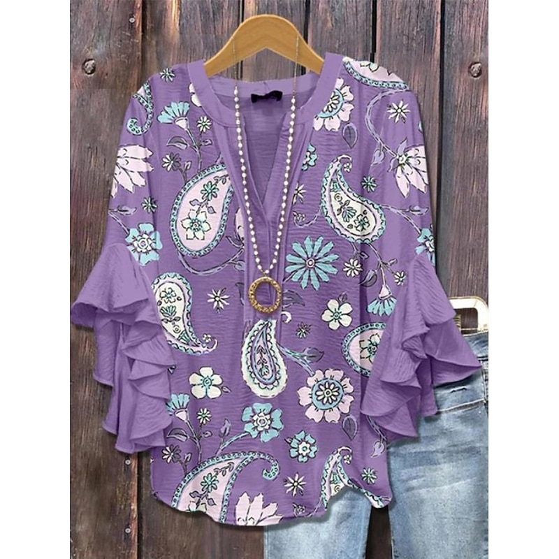 Women's Blouse V Neck Layered Ruffle Sleeve Tops Floral Graphic Paisley Daily Stylish Casual 3/4 Length Sleeve Regular Tops Daily Holiday Vacation Wear Print Purple Green Beige Light Blue Summer3