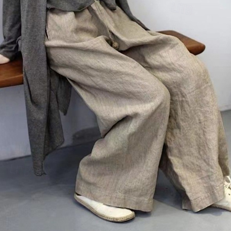 Women's Cotton Linen Pants Slacks Casual Full Length Natural Plain Pocket Elastic Waist Comfy Outdoor Comfortable Street Going out Grey Black Khaki Coffee Summer Regular Fit4
