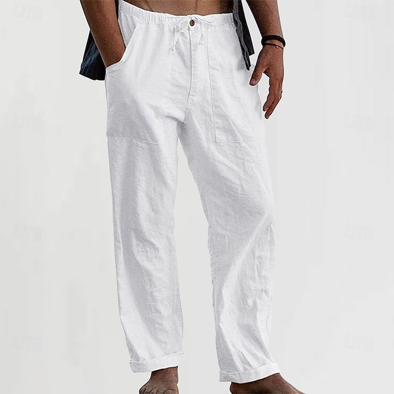 Men's Linen Pants Trousers Summer Pants Beach Pants Pocket Drawstring Elastic Waist Plain Comfort Breathable Vacation Daily Holiday Hawaiian Boho Lake blue turmeric