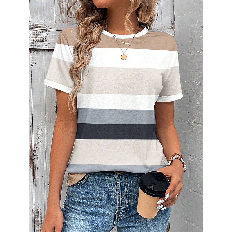 Women's T Shirt Graphic Geometric Striped Vintage Stylish Classic Short Sleeve Crew Neck Round Neck Regular Tops Daily Print Grass Green Khaki Summer Spring4