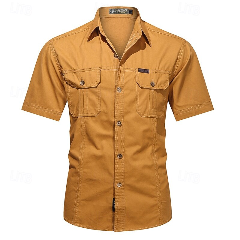 Men's Shirt Summer Shirt Casual Shirt Button Up Shirt Cargo Shirt Black Yellow Blue Deep Blue khaki Short Sleeve Plain Shirt Collar Vacation Hawaiian Pocket Clothing Apparel 100% Cotton Fashion4