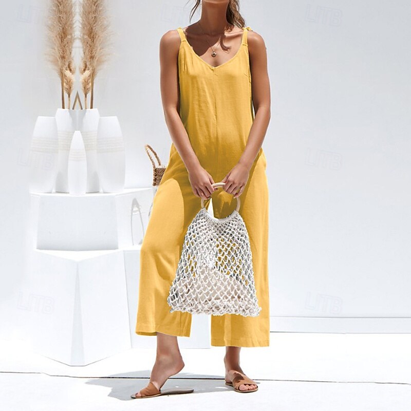 Women's Normal Jumpsuit Streetwear Solid Color Sleeveless V Neck Pocket Work Going out Regular Fit Black Yellow Army Green Summer3