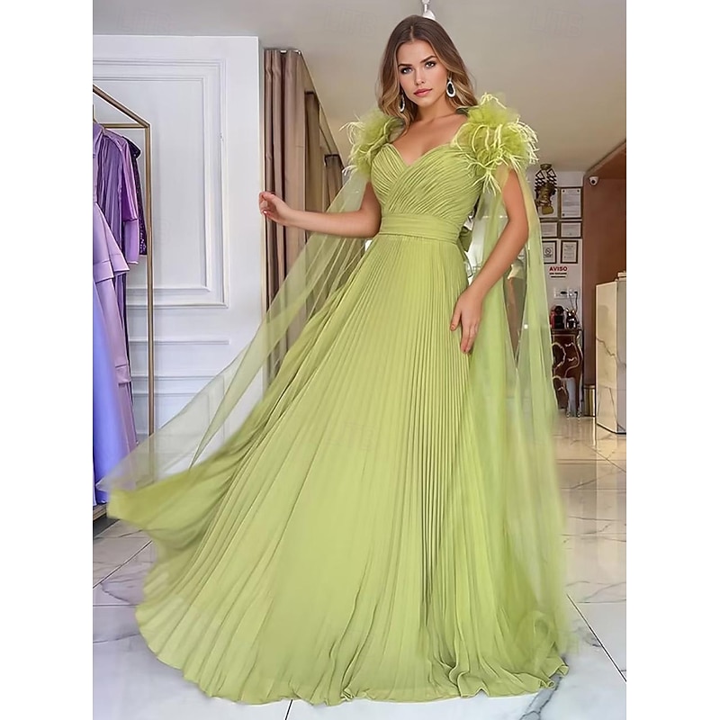 A-Line Evening Gown Elegant Dress Formal Wedding Guest Floor Length Short Sleeve Sweetheart Belt / Sash Chiffon with Feather Pleats