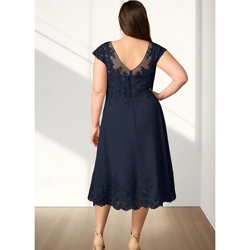 A-Line Mother of the Bride Dress Wedding Guest Elegant Crew Neck Tea Length Chiffon Short Sleeve with Appliques Midi Dress4