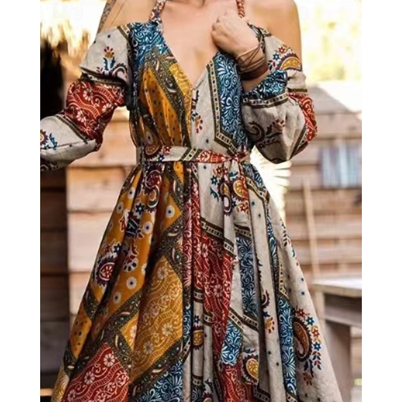 Women's Normal Dungarees Jumpsuit Streetwear Floral Long Sleeve Halter Neck Print Street Daily Regular Fit Navy Blue Summer2