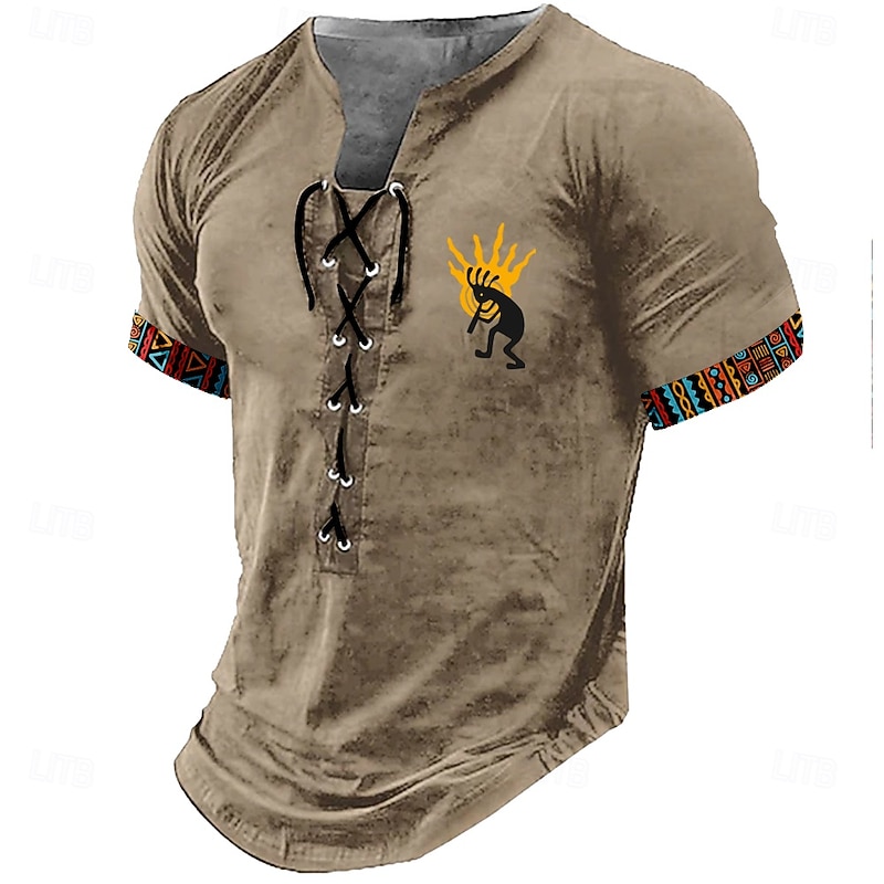 Men's Kokopelli Shirt Short Sleeve T shirt 3D Print Lace Up Neck Shirt Retro Vintage Vintage Retro Street Casual Daily Black Khaki Gray Summer Spring All Seasons Clothing Apparel S M L XL XXL XXXL