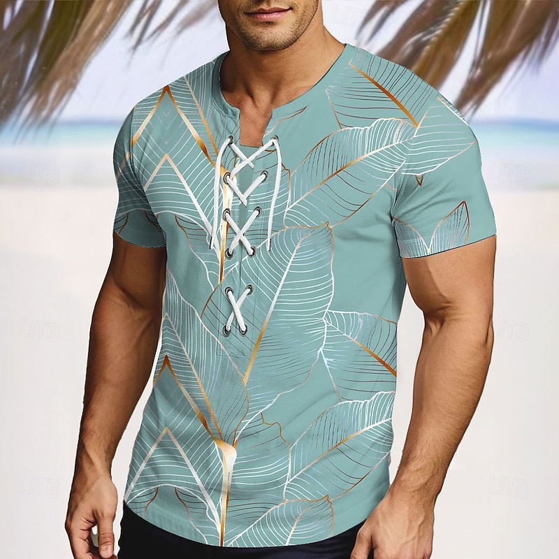 Men's Tropical Tropical Flowers Shirt Short Sleeve T shirt 3D Print Lace Up Neck Shirt Vacation Street Casual Daily Pink Blue Green Summer Spring Clothing Apparel S M L XL XXL XXXL - Main Image