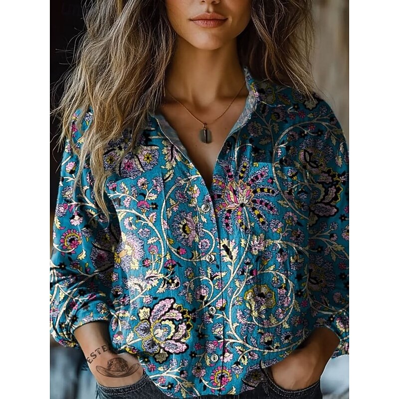Women's Shirt Floral Retro Vintage Ethnic Long Sleeve Shirt Collar Regular Tops Daily Holiday Pocket Buttons Print Blue Gray Summer