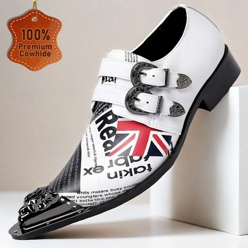 Men's White Punk Rock Monk Strap Leather Dress Shoes with Gold Tip British Flag–Statement Shoes for Music Festivals, Themed Parties and Concerts