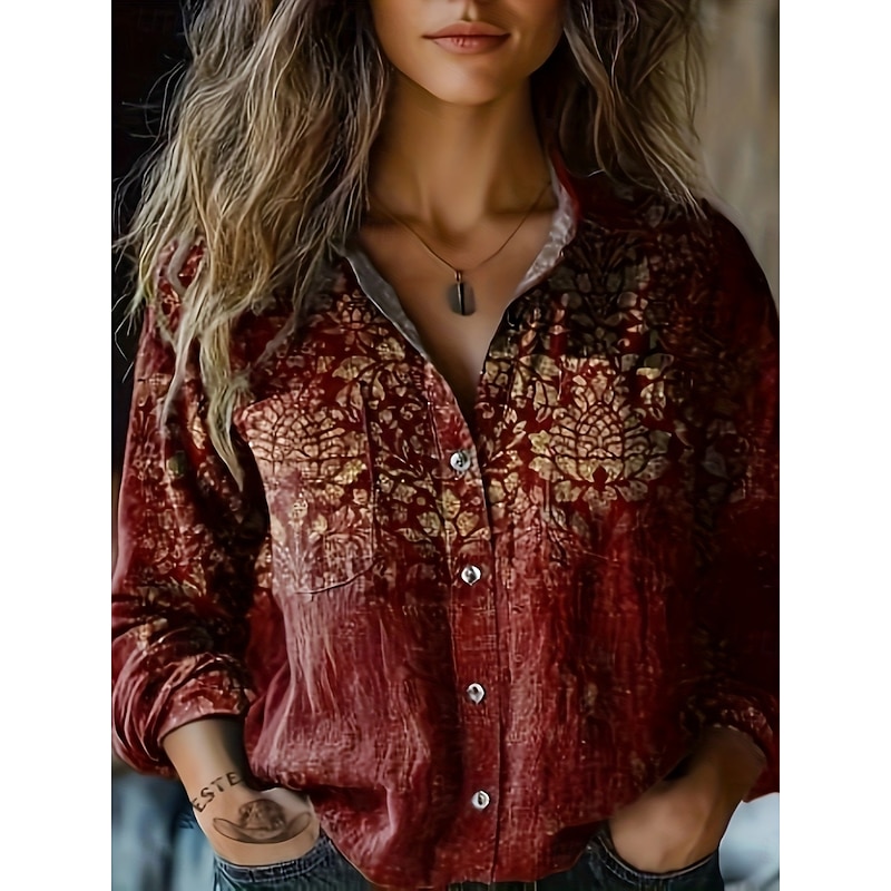 Women's Shirt Floral Retro Vintage Ethnic Long Sleeve Shirt Collar Regular Tops Daily Holiday Pocket Buttons Print Black Wine Fuchsia Summer3