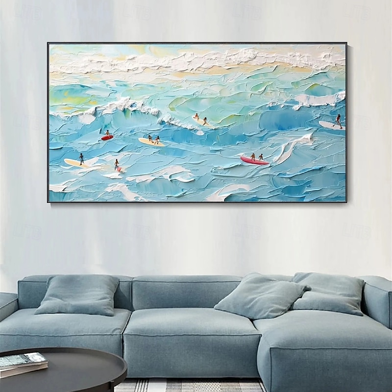 wave oil painting handmade Light Blue Ocean Seascape Sailboat oil paintings Wall Art Abstract Beach Seascape Painting On Canvas painting for Living room Huge Extra Large paintings Wall Art Decor