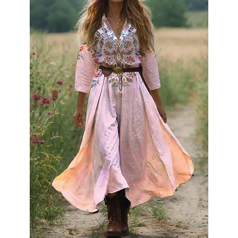 Women's Boho Dress Western Dress Vintage Maxi Dress Sundress Pleated Dress Vacation Casual Boho Going out Beach Graphic Paisley Tribal 3/4 Length Sleeve V Neck Black Pink Blue Orange Summer Spring3