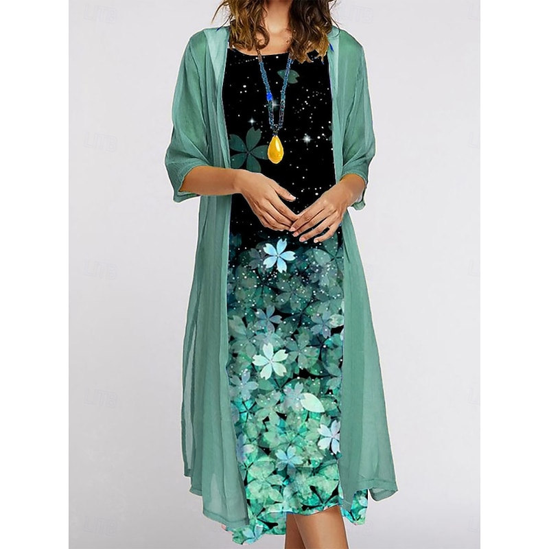 Women's Dress Set Summer Dress Casual Floral Print Midi Dress 3/4 Length Sleeve Crew Neck Outdoor Daily Pink Blue Green Summer Spring Regular Fit4