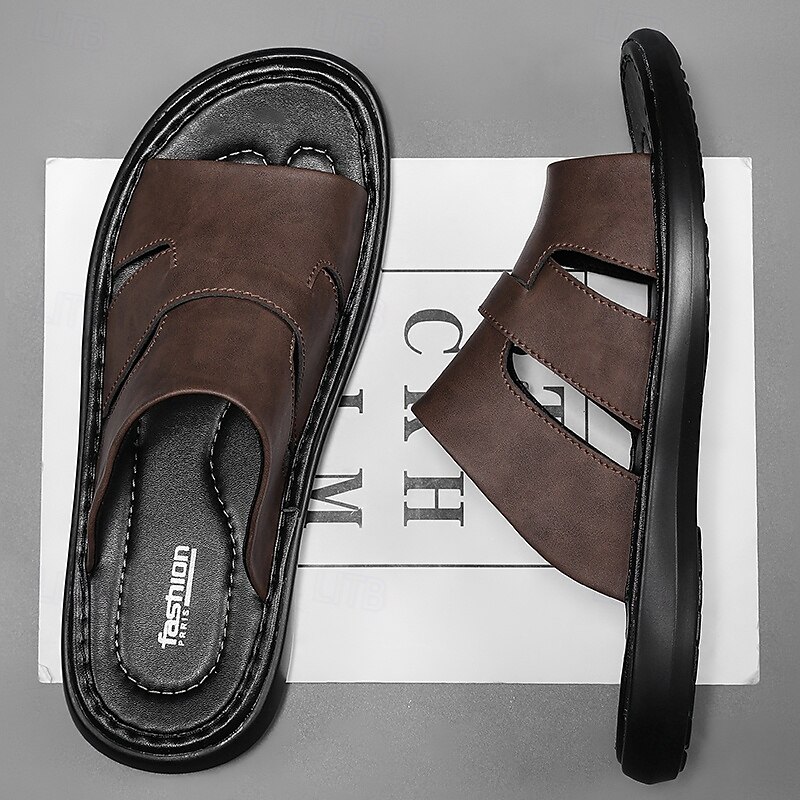 Men's Brown Faux Leather Slide Sandals – Premium Quality with Adjustable Straps, Perfect for Summer Vacations, Beachwear and Casual Outdoor Activities3