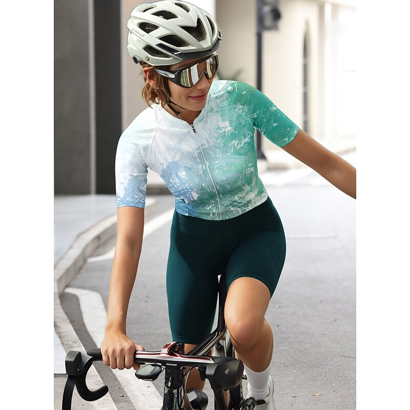 Women's Cycling Jersey Graphic Gradient Short Sleeve Bike Jersey Top with 3 Rear Pockets Sunscreen UV Resistant Quick Dry Reflective Strips Sports Green Clothing Apparel