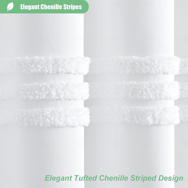 White Fabric Shower Curtain with Hooks, Tufted Chenille Striped Textured Cloth for Bathroom, Modern Farmhouse Shabby Chic Waterproof Shower Curtain Set, Machine Washable2