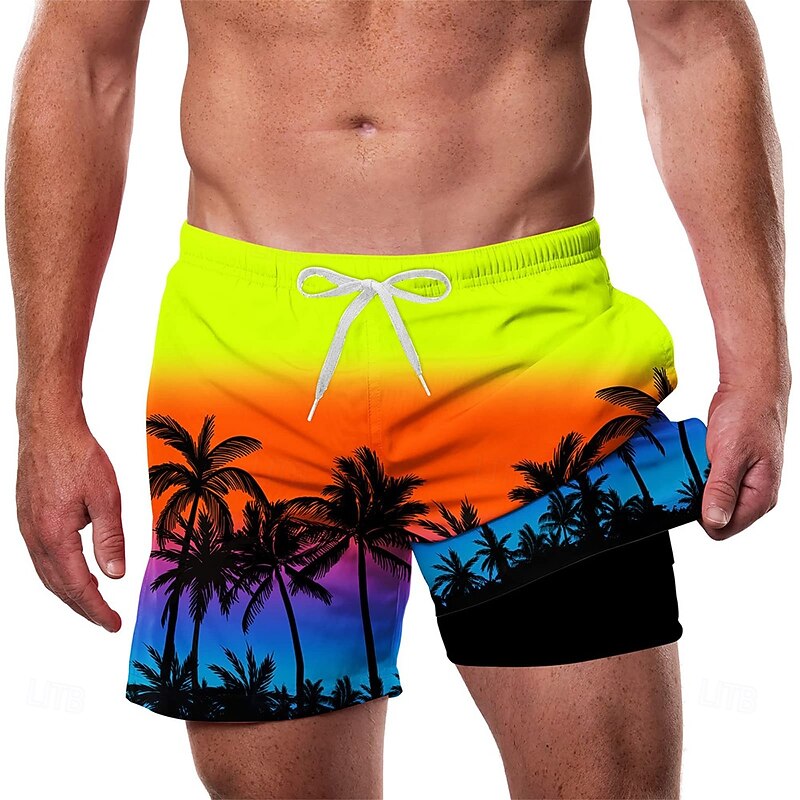 Men's Coconut Tree Gradient Color Lined Shorts 2 in 1 Board Shorts Swim Shorts Mid Waist Hawaiian Vacation Beach Wear Side Pockets With Compression Liner Elastic Drawstring Waist Designer Clothing