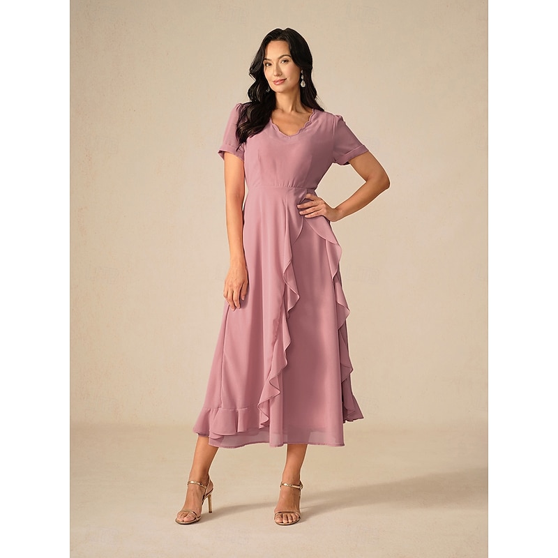 Women's Maxi Dress A Line Dress Elegant Formal Wedding Wedding Guest Loose Fit Solid Color Short Sleeve Asymmetrical V Neck Blush Pink Summer Spring2