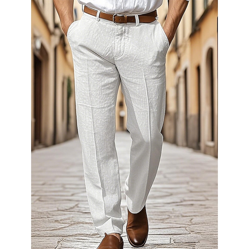 Men's Dress Pants Cotton Linen Shorts Buttons Pocket Plain Comfort Breathable Vacation Daily Boho Black White