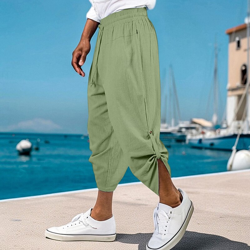 Men's Linen Pants Trousers Summer Shorts Baggy Pants Front Pocket Pleats Straight Leg Plain Comfort Breathable Ankle-Length Outdoor Vacation Party Vacation Fashion Black Pink