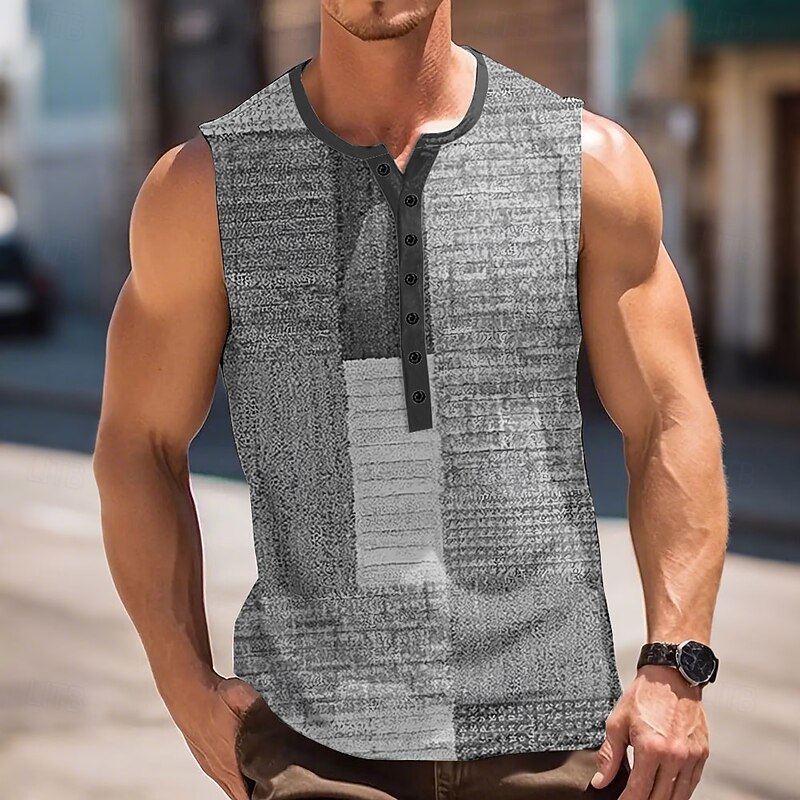 Men's Patchwork Vintage Tank Top Henley Shirt Sleeveless Vintage Fashion Designer Outdoor Casual Daily Summer Spring &  Fall Blue Gray Green Khaki Henley Henley T-Shirt4