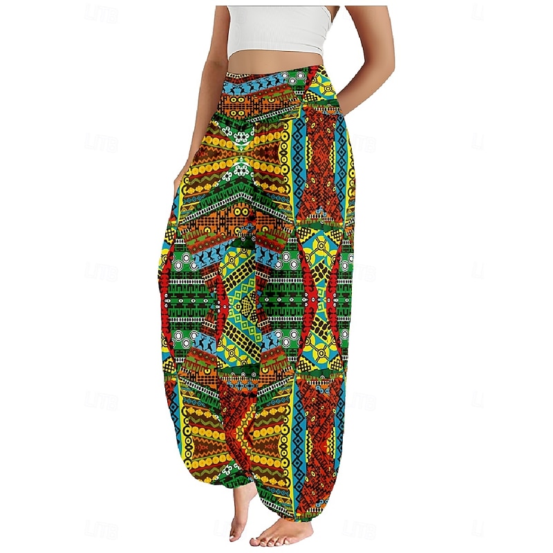 Women's Linen-Inspired Pants Wide Leg Pants Trousers Ethnic Style Casual Boho Full Length High Waist Floral Graphic Pocket Elastic Waist Printing Breathability Soft Micro-elastic Outdoor Yoga Blue