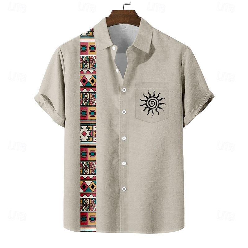Men's Sun Aztec Ethnic Shirt Summer Shirt Button Up Shirt Short Sleeve Vintage Retro Holiday Casual Daily Summer Turndown 3D Print Front One Pocket Linen Like Shirt Blue Green Khaki Apricot4