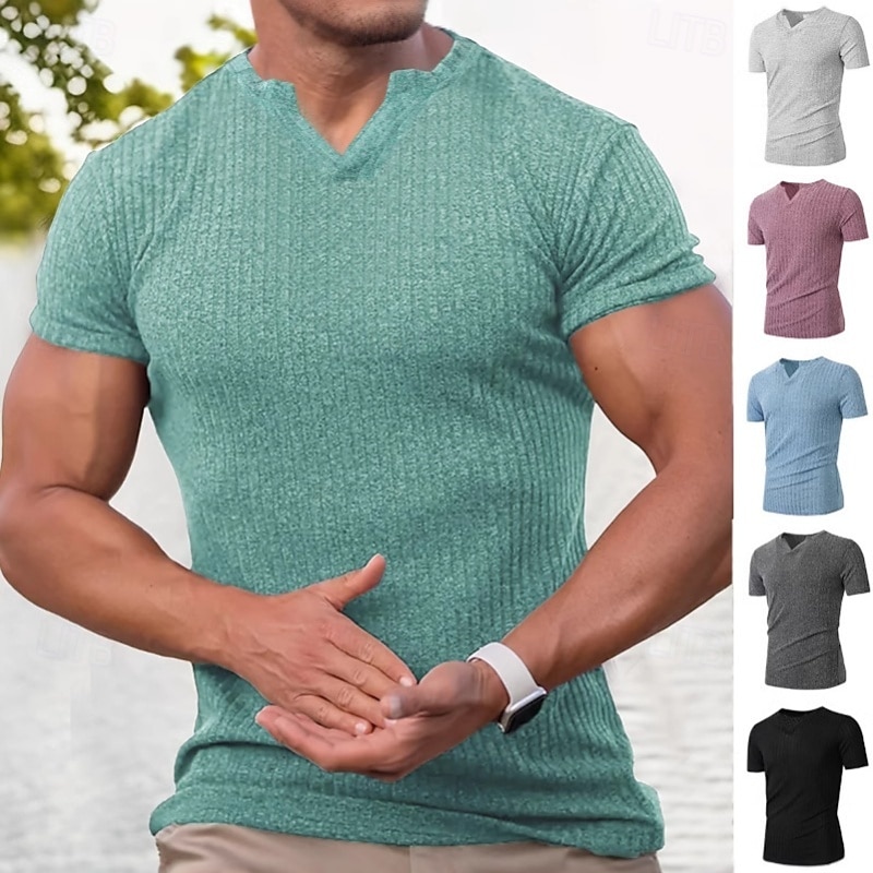 Men's T Shirt Muscle Shirt Ribbed Knit tee Tee Top Short Sleeves V Neck Summer Plain Textured Pit Strip Fashion Designer Sporty Ribbed Vacation Street Casual Light Blue Black Light Green Top Tee for - Main Image