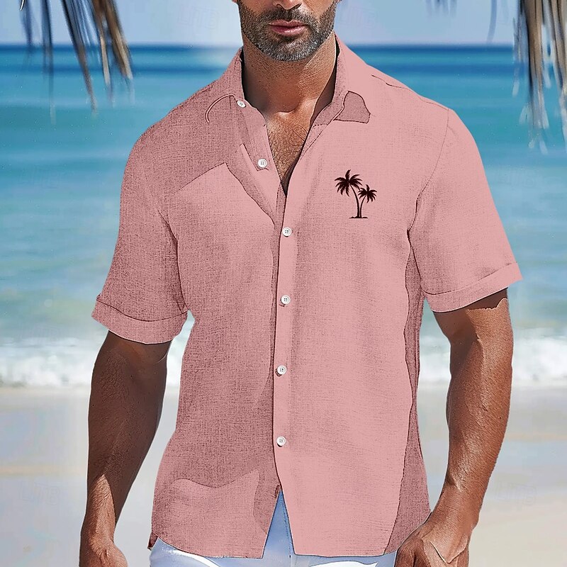Men's Coconut Palm Linen Shirt Casual Shirt Summer Hawaiian Shirt Short Sleeve Hawaiian Resort Vacation Causal Casual Summer Spring Turndown Button Up Pink Blue Green3