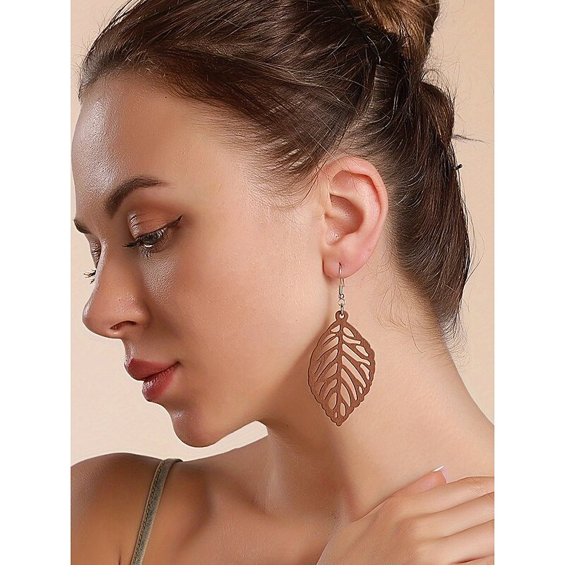 Women's Boho Wood Dangle Earrings - Various geometric shapes, lightweight natural wood statement jewelry, perfect for casual looks, beach vacations and summer festivals2