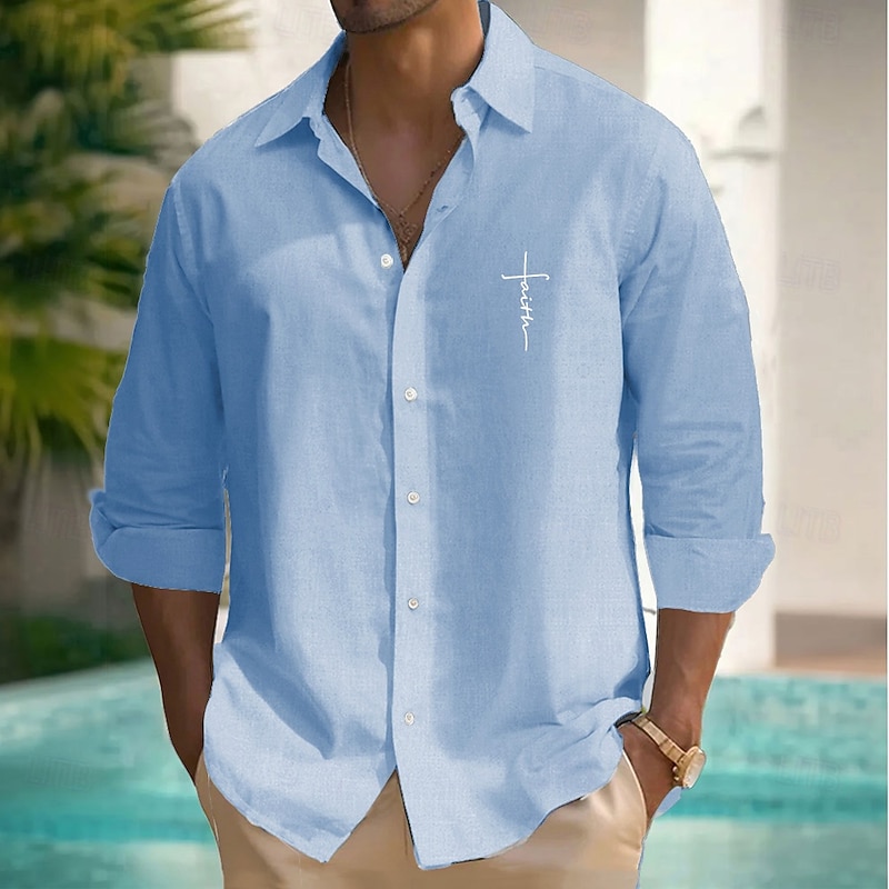 Men's Letter Printed Faith Shirt Summer Shirt Button Up Shirt Long Sleeve Fashion Casual Dailywear Causal Beach Wear Summer Spring Turndown 3D Print Linen Like Shirt White Pink Blue4