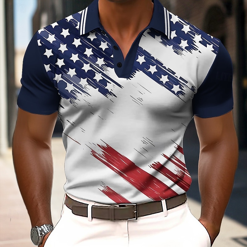 American Independence Day Men's American US Flag Polo Short Sleeve Polo Shirts Collared Shirts Casual Outdoor Daily Wear 3D Print Summer Blue2