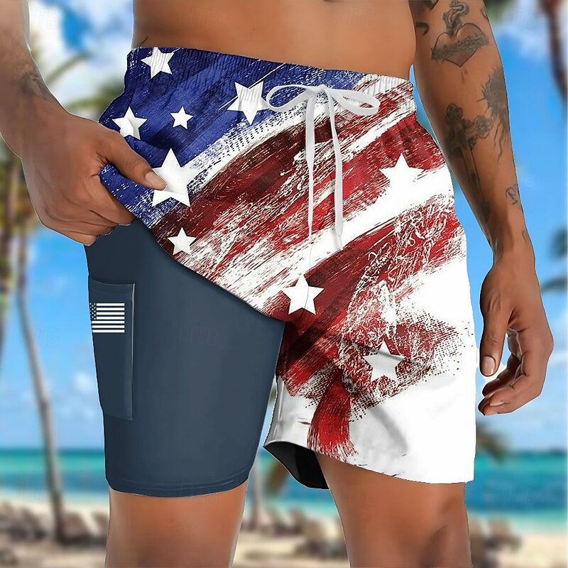 Men's American US Flag Patriotic Lined Shorts 2 in 1 Board Shorts Swim Shorts Mid Waist Hawaiian Vacation Holiday Beach Wear Side Pockets With Compression Liner Elastic Drawstring Waist Designer4