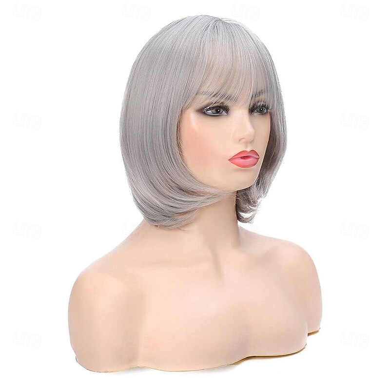 Women Short Bob Wig Grey Mommy Wig Synthetic Natural Looking Bangs Wig for Daily Party Cosplay3