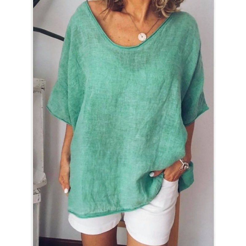 Women's Blouse Solid Color Basic Casual Half Sleeve V Neck Regular Tops Daily White Yellow Light Green Army Green Summer