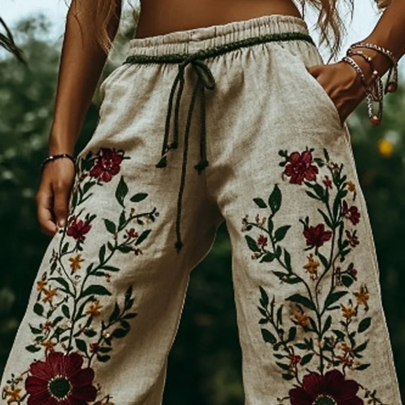 Women's Slacks Casual Boho Full Length Natural Flower Pocket Elastic Waist Printing Comfy Outdoor Comfortable Daily Wear Going out Beige Summer Regular Fit4