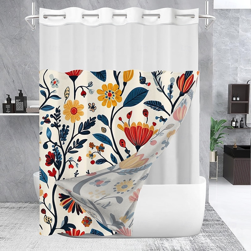 No Hook Shower Curtain 180cm*180cm(70"*70") with Snap-in Polyester Fabric Liner Sheer Top Window Waterproof Double Layer Bathtub Curtain Floral Bird Pattern2