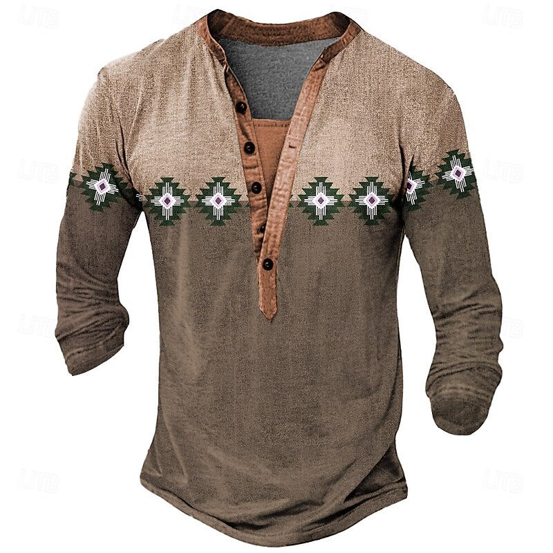 Men's Tribal T Shirt Henley Shirt Long Sleeve Designer Retro Vintage Casual Street Casual Daily Summer Spring Fall Dark Brown Green Blue Henley Henley T-Shirt3