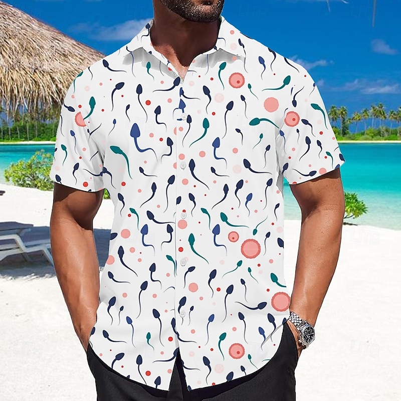 Men's Animal Tadpole Shirt Summer Shirt Button Up Shirt Short Sleeve Fashion Casual Outdoor Vacation Dailywear Summer Spring Turndown 3D Print Collared Shirts White Pink